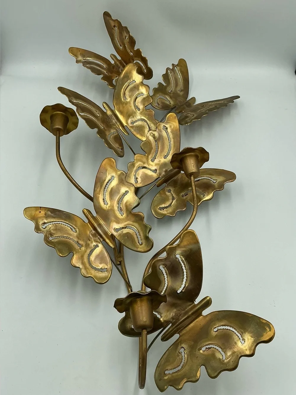 Vtg MCM Metal Art Brass Butterflies Wall Hanging 3 Candle Sconces 24” x 11” EUC